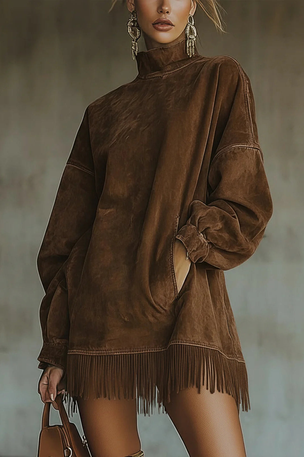 AMILIA | VESTIDO DE ANTE CON CUELLO ALTO Y FLECOS