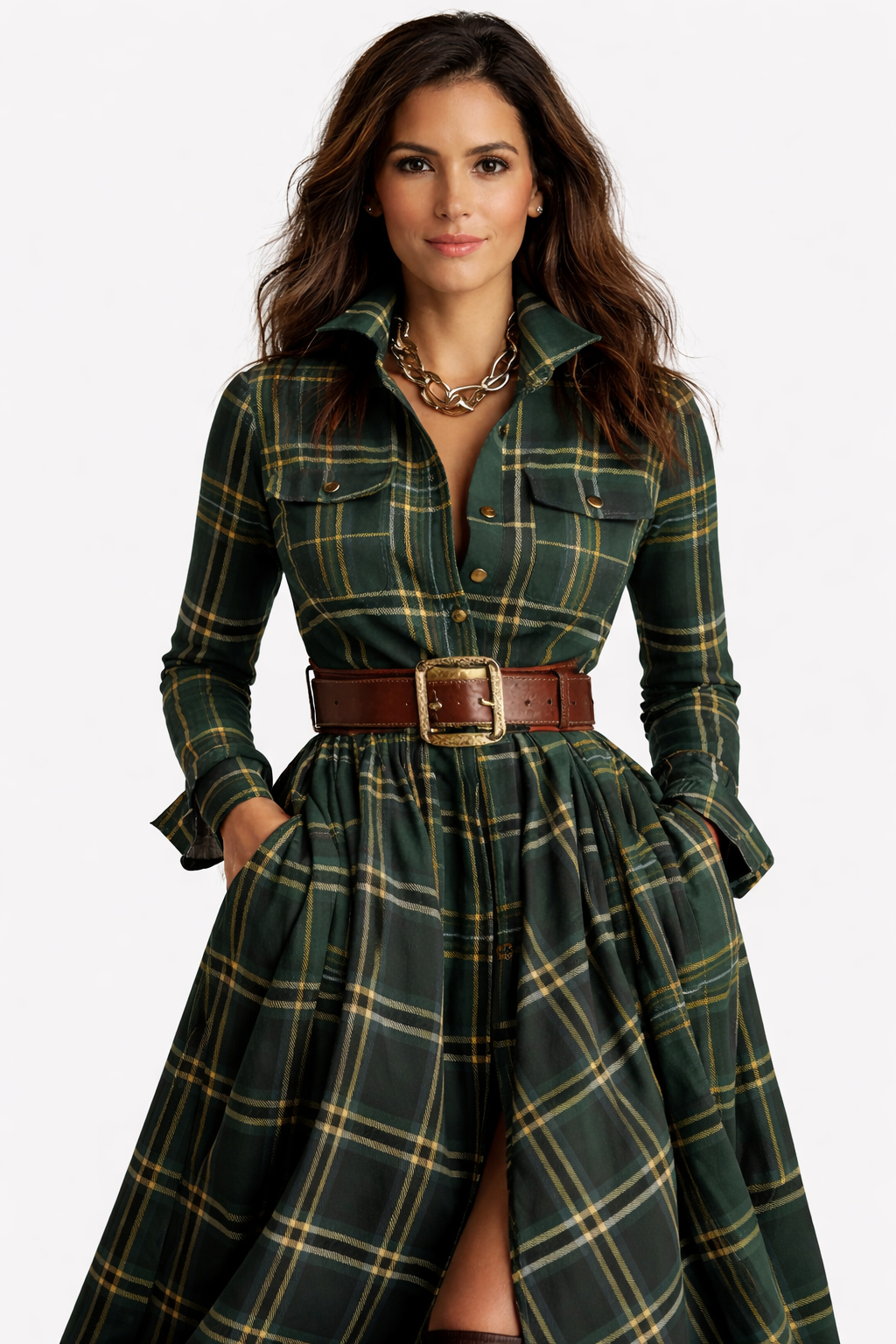 ISABELLA™ | VESTIDO LARGO DE CUADROS CON CINTURÓN