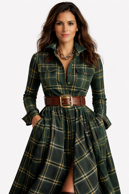ISABELLA™ | VESTIDO LARGO DE CUADROS CON CINTURÓN