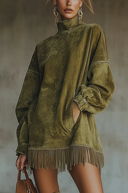 AMILIA | VESTIDO DE ANTE CON CUELLO ALTO Y FLECOS