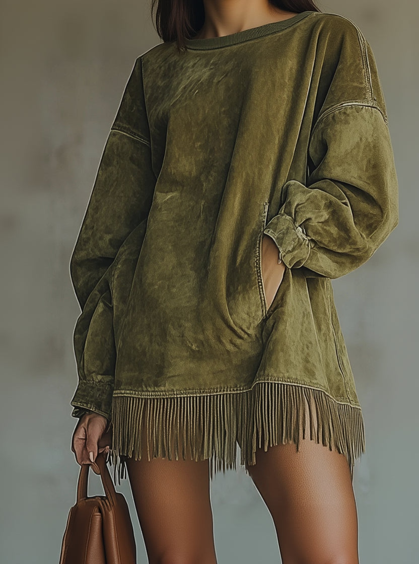 AMILIA | VESTIDO DE ANTE CON CUELLO ALTO Y FLECOS