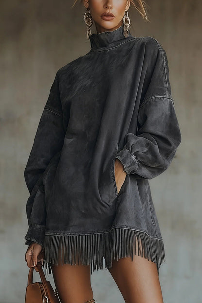 AMILIA | VESTIDO DE ANTE CON CUELLO ALTO Y FLECOS