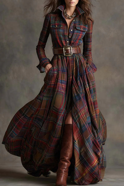 ISABELLA | VESTIDO LARGO DE CUADROS CON CINTURÓN