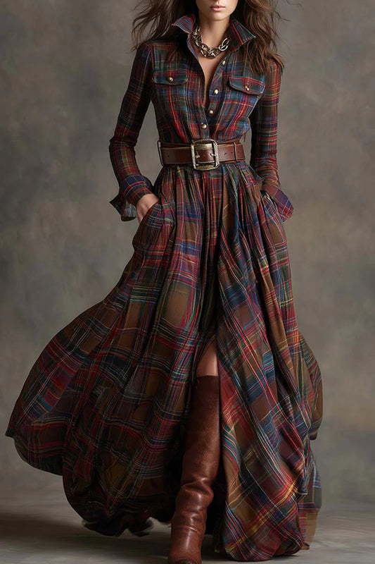 ISABELLA | VESTIDO LARGO DE CUADROS CON CINTURÓN