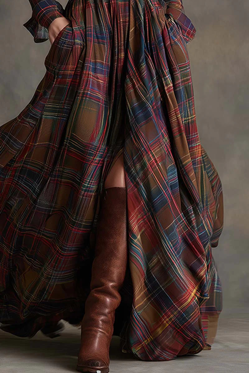 ISABELLA | VESTIDO LARGO DE CUADROS CON CINTURÓN