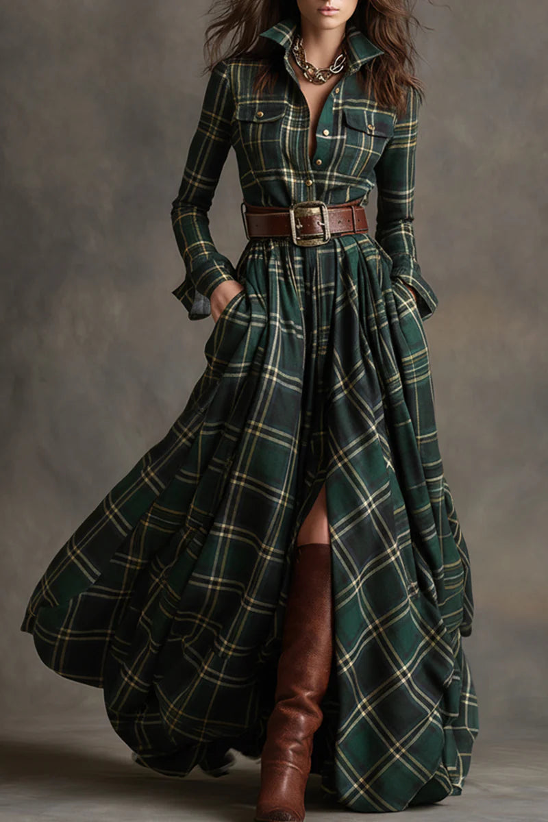 ISABELLA | VESTIDO LARGO DE CUADROS CON CINTURÓN