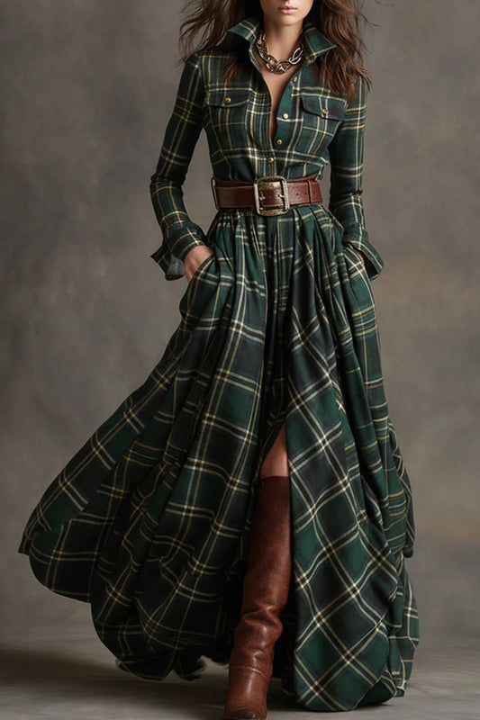 ISABELLA | VESTIDO LARGO DE CUADROS CON CINTURÓN