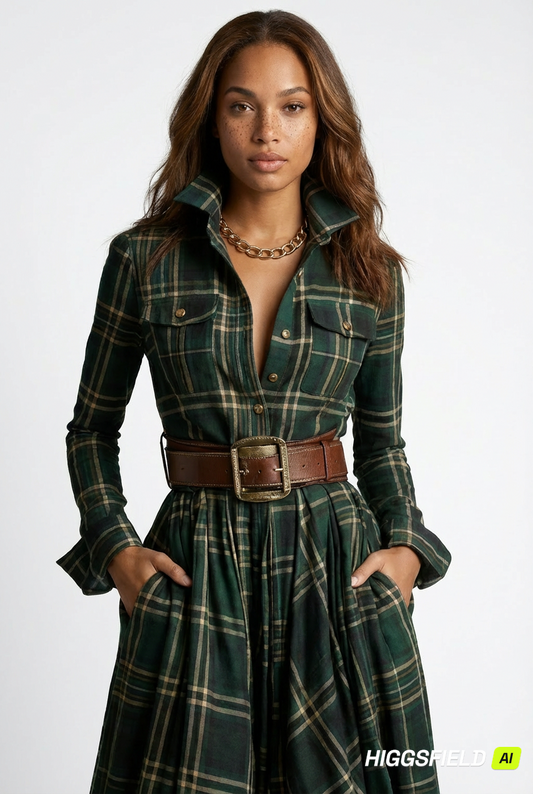 ISABELLA™ | VESTIDO LARGO DE CUADROS CON CINTURÓN