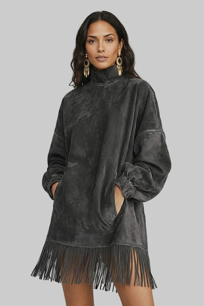 AMILIA | VESTIDO DE ANTE CON CUELLO ALTO Y FLECOS