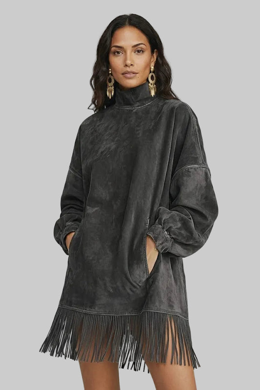 AMILIA | VESTIDO DE ANTE CON CUELLO ALTO Y FLECOS