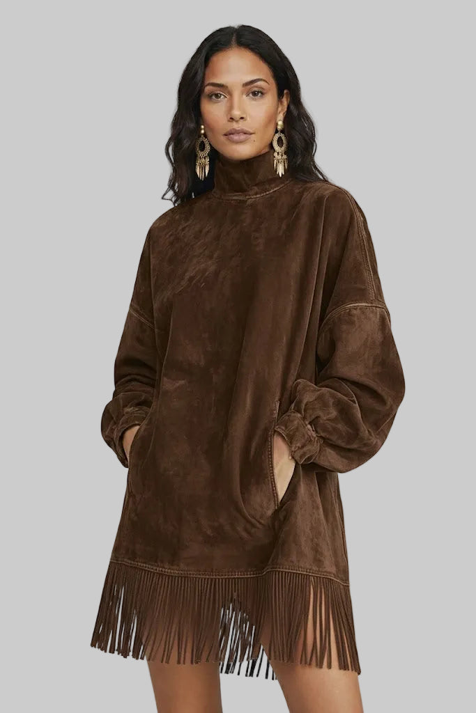 AMILIA | VESTIDO DE ANTE CON CUELLO ALTO Y FLECOS