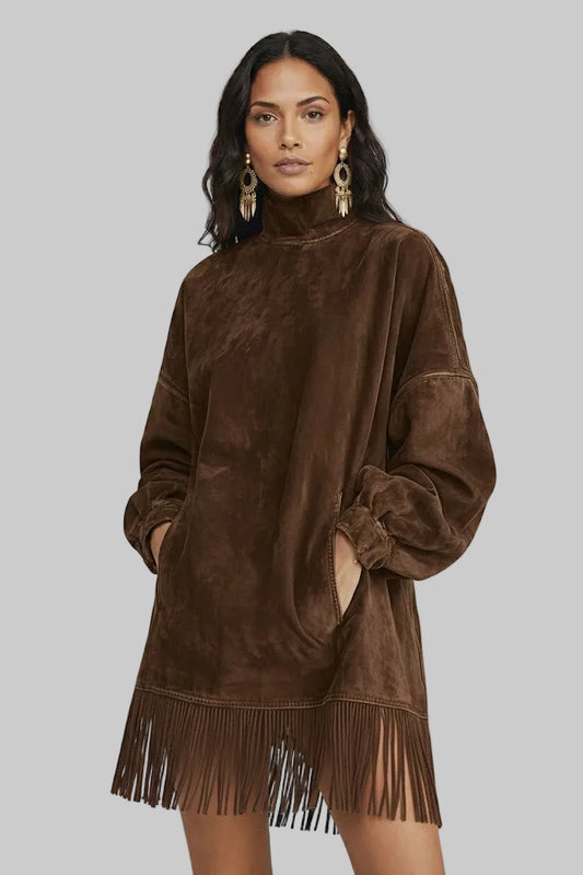 AMILIA | VESTIDO DE ANTE CON CUELLO ALTO Y FLECOS