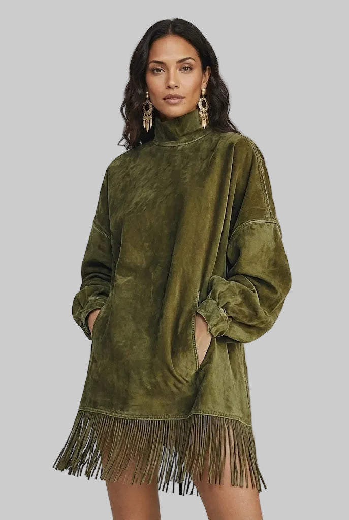 AMILIA | VESTIDO DE ANTE CON CUELLO ALTO Y FLECOS